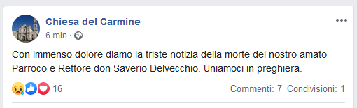 Un altro morto per Coronavirus a Cerignola: si tratta di don Saverio Delvecchio, parroco della chiesa del Carmine. E' la 11esima vittima. 